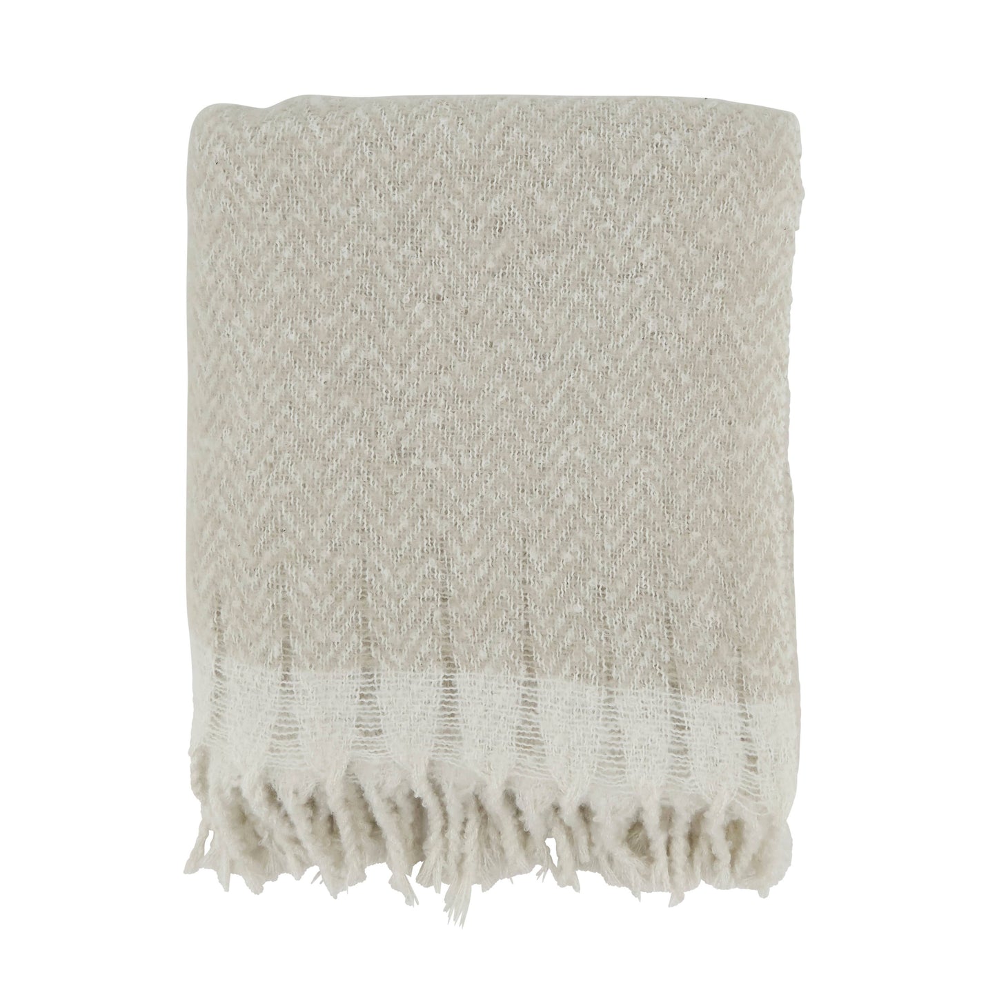 Faux Mohair Herringbone Fringed Throw: Natural