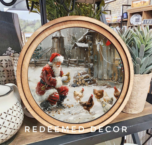 8" Round Santa With Chickens Art