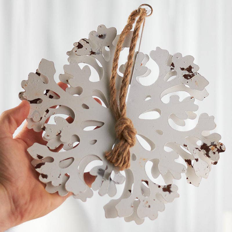 10" Weathered White 3D Metal Snowflake Ornament