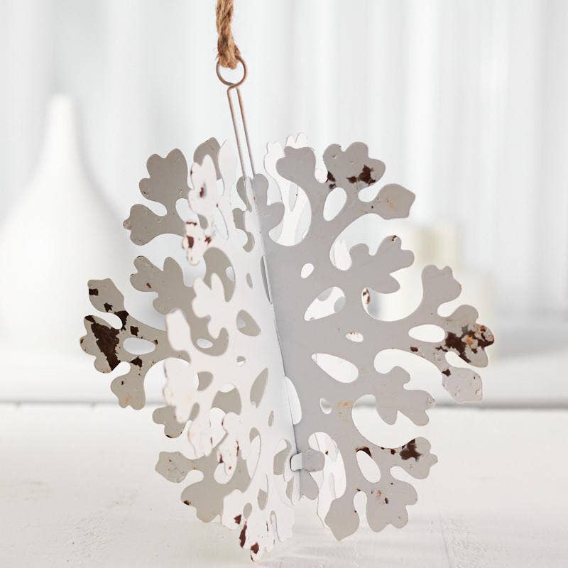 10" Weathered White 3D Metal Snowflake Ornament