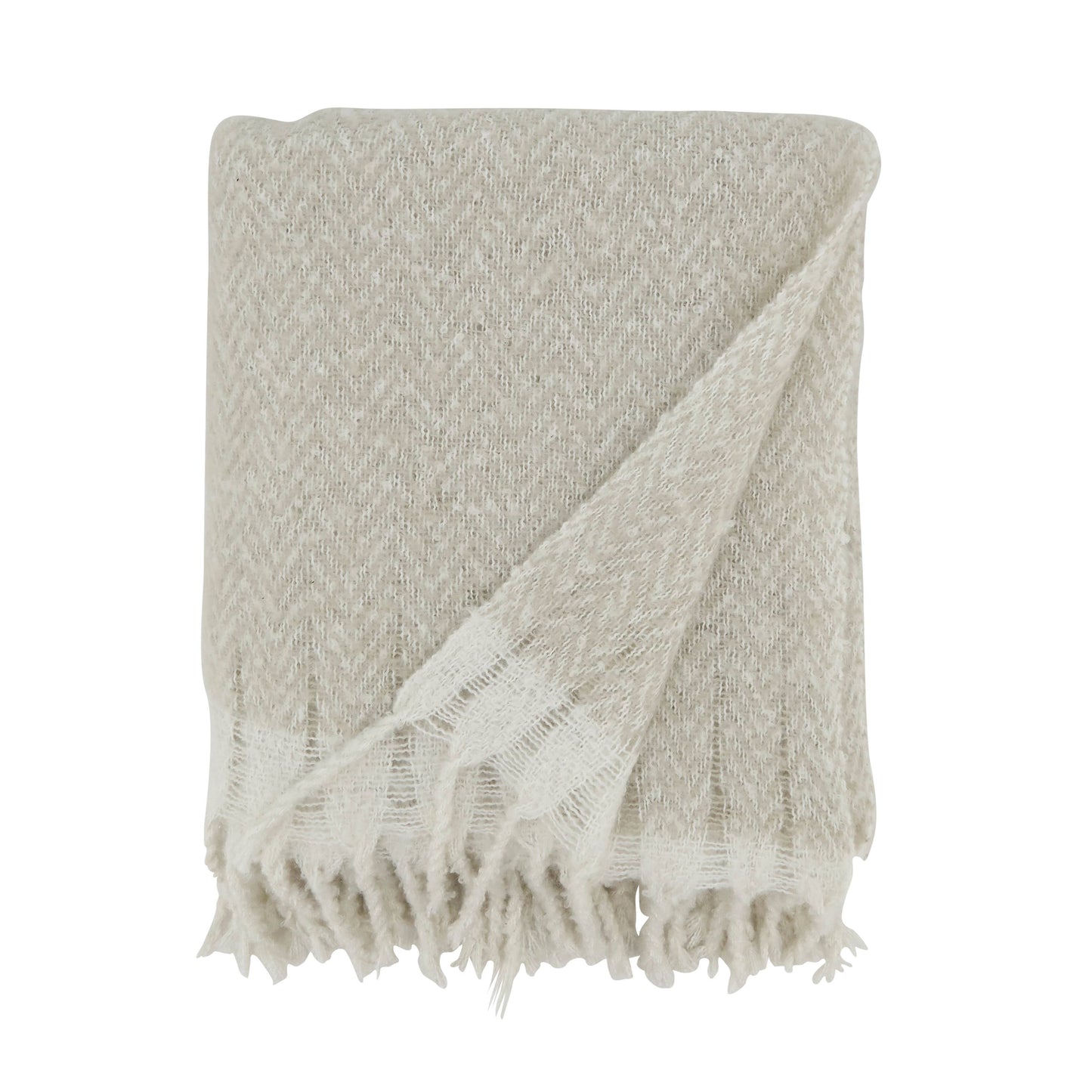 Faux Mohair Herringbone Fringed Throw: Natural